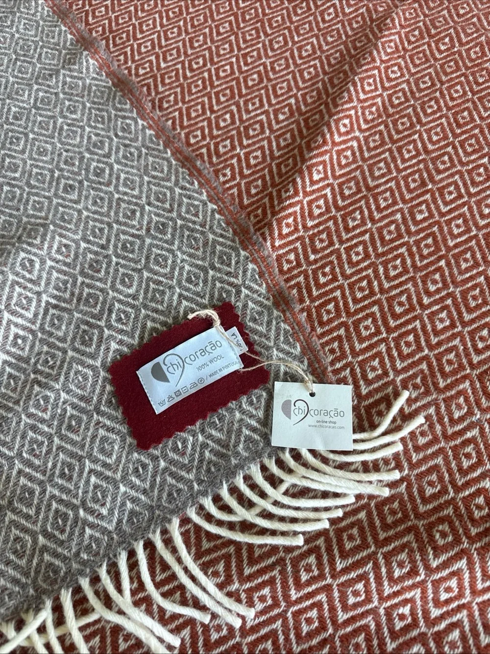 NWT Chi Coracao Wool Throw Blanket Terracotta Diamond Geometric 65x52 Boho